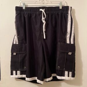 Men's Black Cargo Swim Shorts with White Stripe Size Large